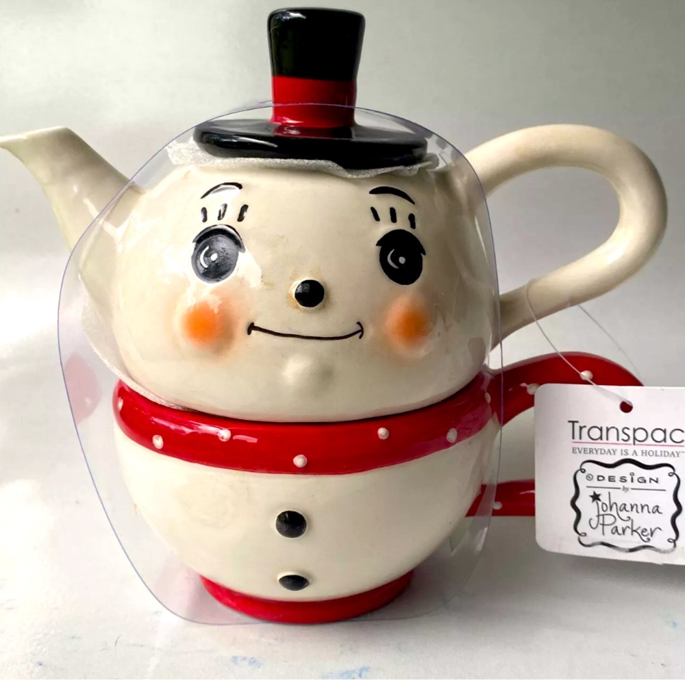 Transpac‎ Johanna Parker Christmas Snowman Stacked Teapot & Cup Set New 7”